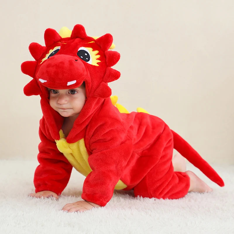 Halloween Dinosaur Winter Baby Romper Kigurumi Costume Flannel Hooded Bodysuit Pajamas Animal Overall Jumpsuit For Girl Boy 0-4T