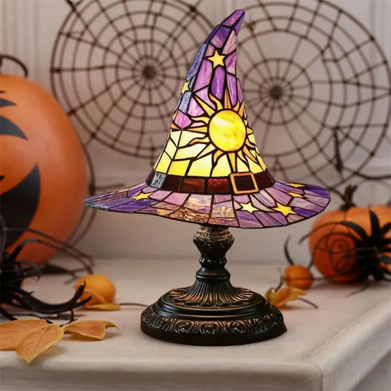 Stained Glass Witch Hat Lamp USB Powered Creative Table Lamp Night Light for Living Room Home Bedroom Decoration Halloween
