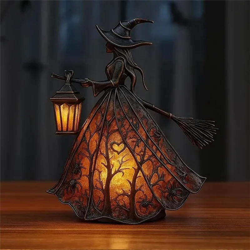 AT44-Halloween Table Lamp Witch Light, Gothic Spooky Decor With Holding Lantern For Home, Porch Party Decor