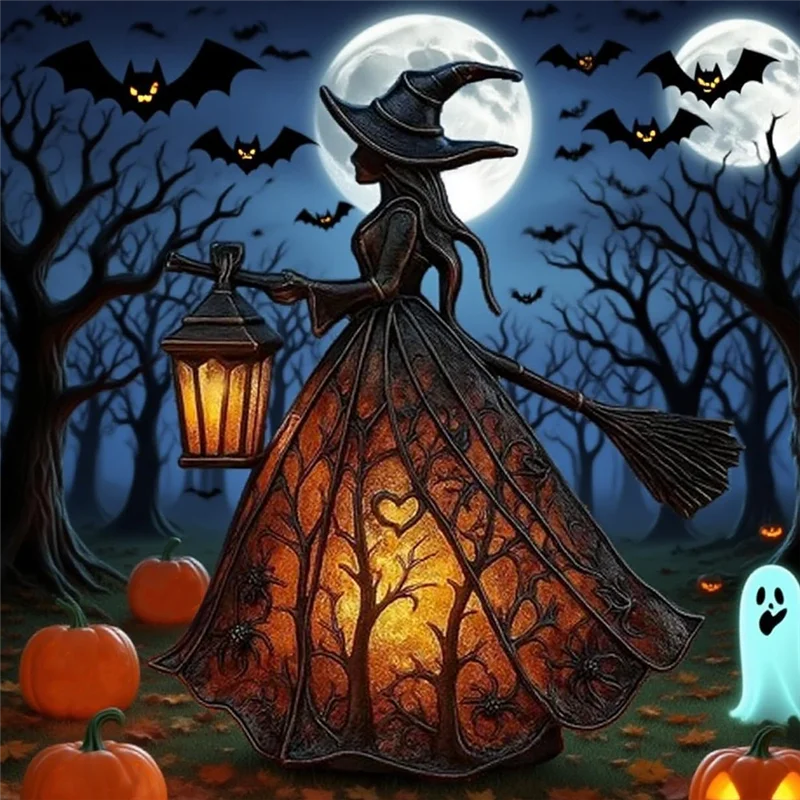AT44-Halloween Table Lamp Witch Light, Gothic Spooky Decor With Holding Lantern For Home, Porch Party Decor