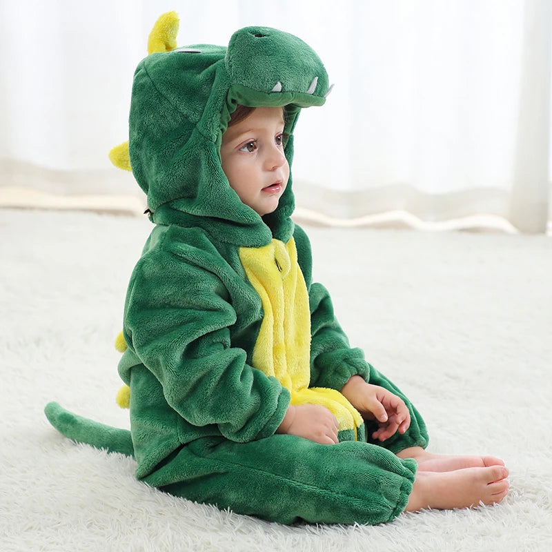 Halloween Dinosaur Winter Baby Romper Kigurumi Costume Flannel Hooded Bodysuit Pajamas Animal Overall Jumpsuit For Girl Boy 0-4T