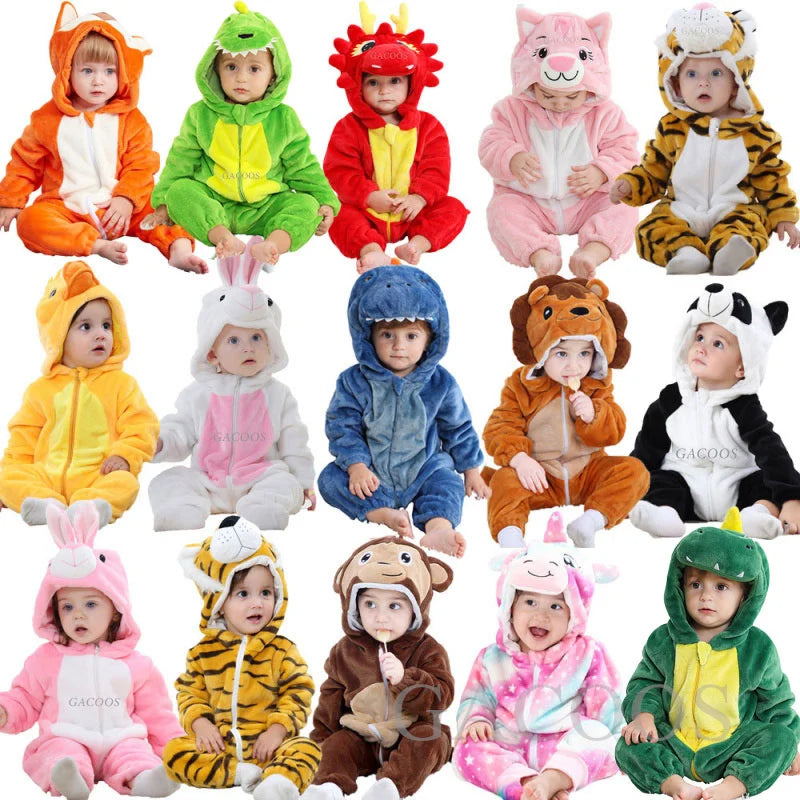 Halloween Dinosaur Winter Baby Romper Kigurumi Costume Flannel Hooded Bodysuit Pajamas Animal Overall Jumpsuit For Girl Boy 0-4T