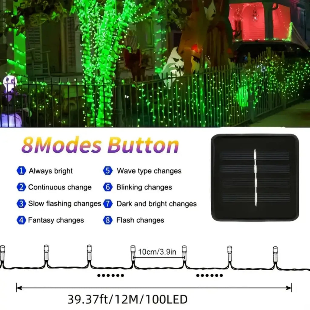 1PC 12M/39.37FT. 100 LED Halloween Solar String Light with 8 Modes Outdoor Waterproof Lamp For Indoor Yard Party Patio Decor