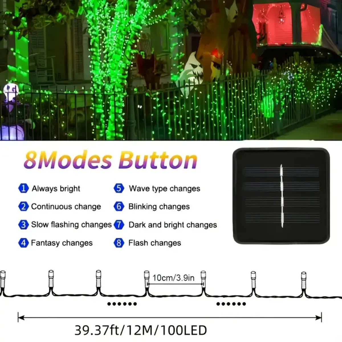1PC 12M/39.37FT. 100 LED Halloween Solar String Light with 8 Modes Outdoor Waterproof Lamp For Indoor Yard Party Patio Decor