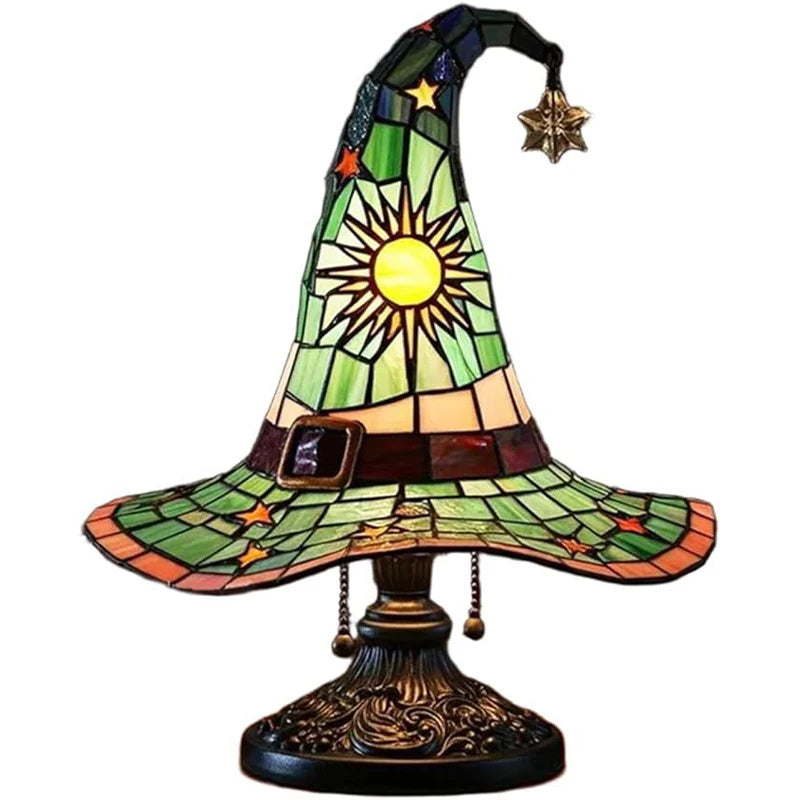 Stained Glass Witch Hat Lamp USB Powered Creative Table Lamp Night Light for Living Room Home Bedroom Decoration Halloween