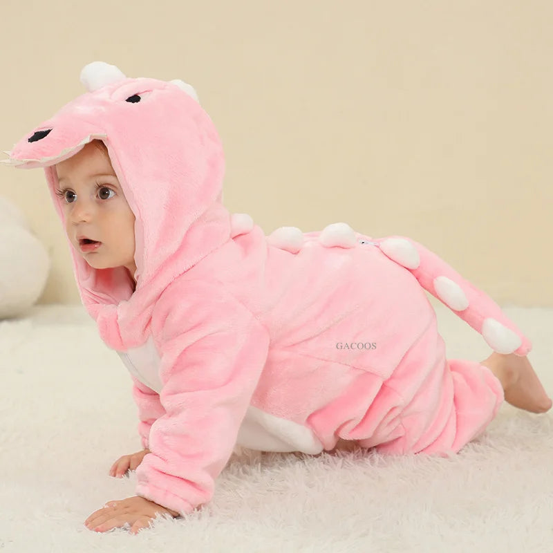 Halloween Dinosaur Winter Baby Romper Kigurumi Costume Flannel Hooded Bodysuit Pajamas Animal Overall Jumpsuit For Girl Boy 0-4T