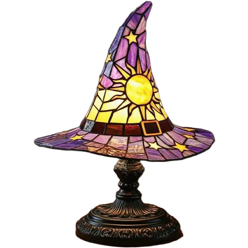 Stained Glass Witch Hat Lamp USB Powered Creative Table Lamp Night Light for Living Room Home Bedroom Decoration Halloween