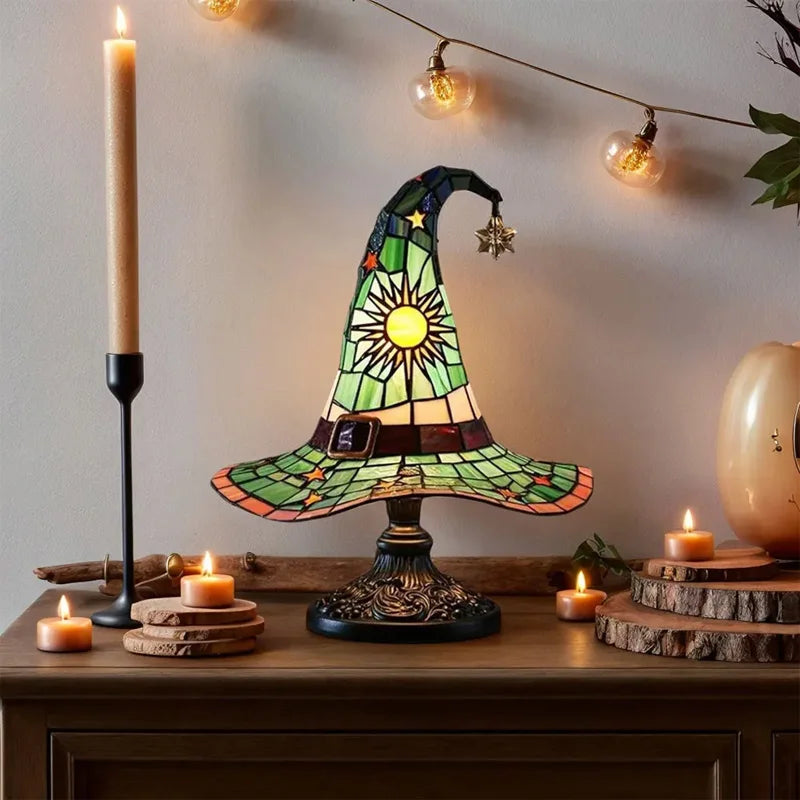 Stained Glass Witch Hat Lamp USB Powered Creative Table Lamp Night Light for Living Room Home Bedroom Decoration Halloween