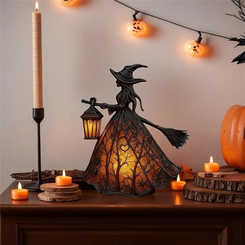 AT44-Halloween Table Lamp Witch Light, Gothic Spooky Decor With Holding Lantern For Home, Porch Party Decor