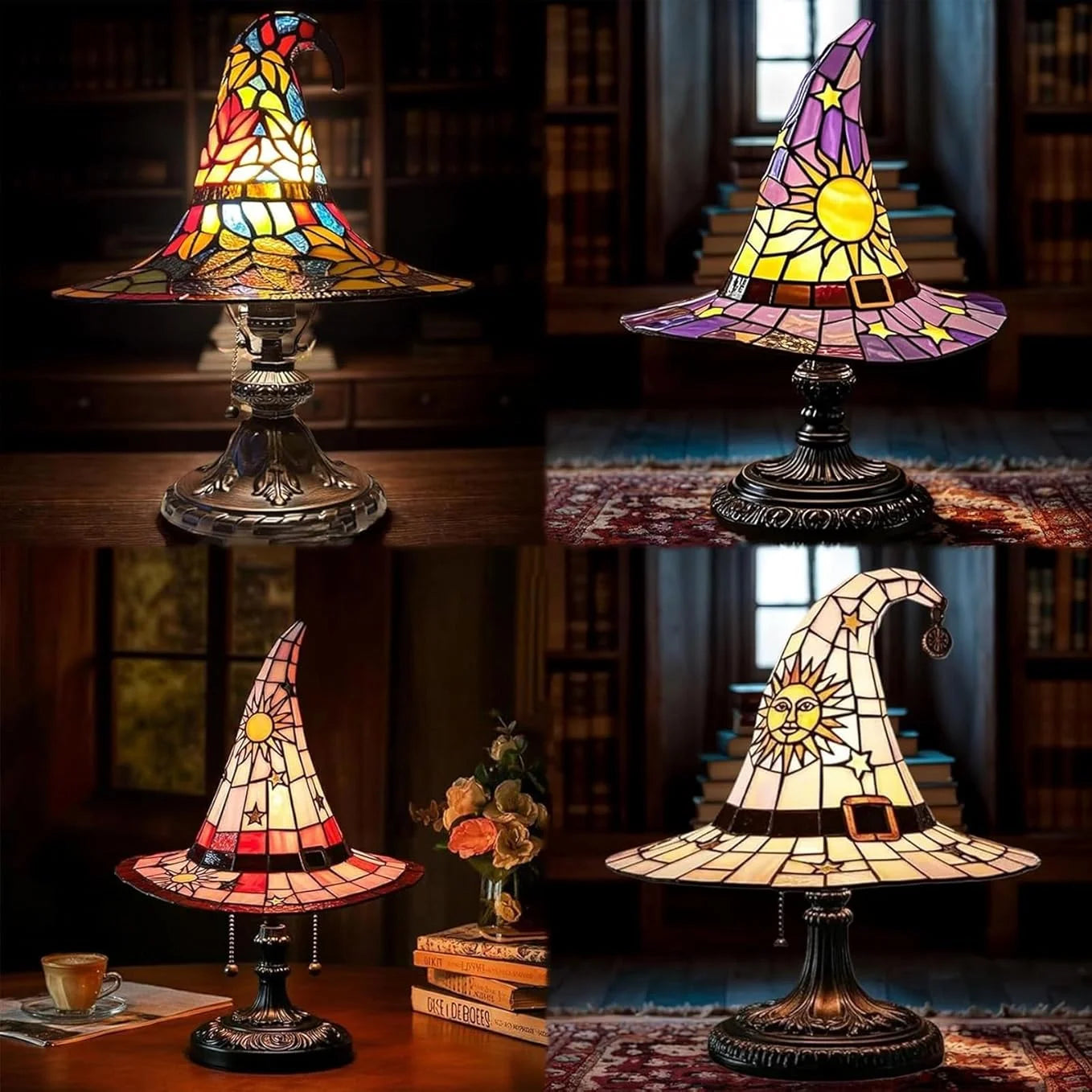 Stained Glass Witch Hat Lamp USB Powered Creative Table Lamp Night Light for Living Room Home Bedroom Decoration Halloween