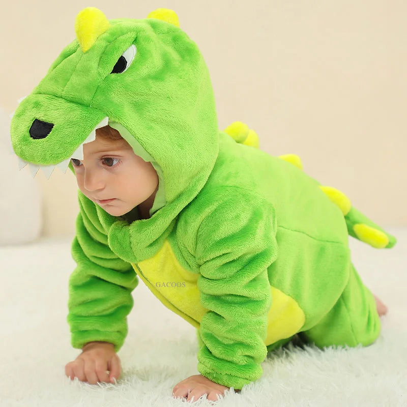 Halloween Dinosaur Winter Baby Romper Kigurumi Costume Flannel Hooded Bodysuit Pajamas Animal Overall Jumpsuit For Girl Boy 0-4T