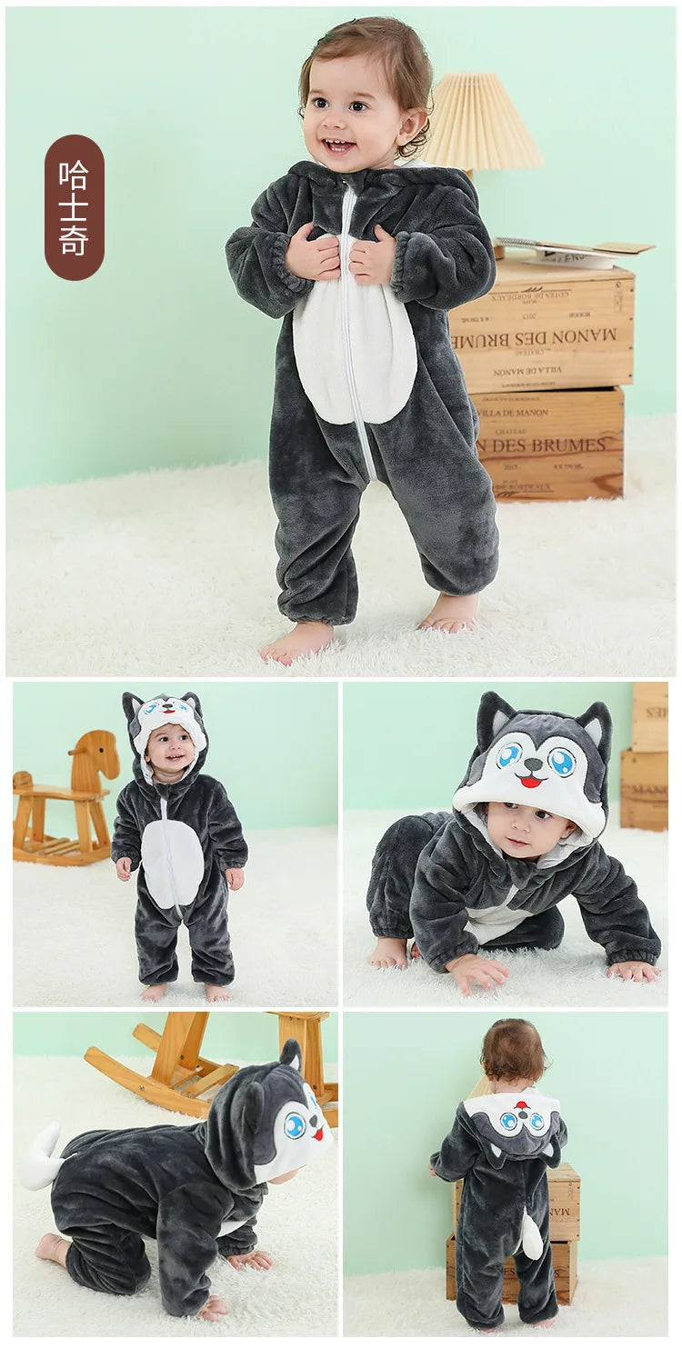 Halloween Dinosaur Winter Baby Romper Kigurumi Costume Flannel Hooded Bodysuit Pajamas Animal Overall Jumpsuit For Girl Boy 0-4T