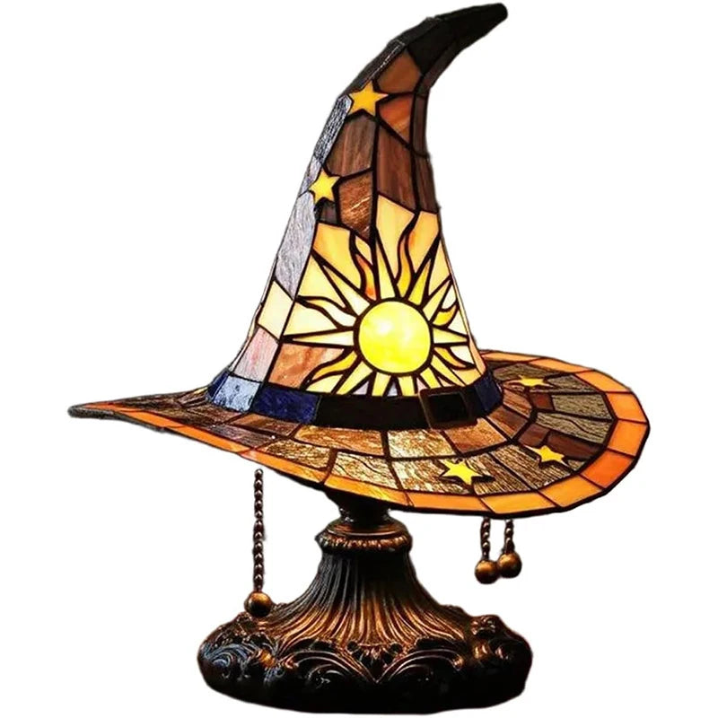 Stained Glass Witch Hat Lamp USB Powered Creative Table Lamp Night Light for Living Room Home Bedroom Decoration Halloween