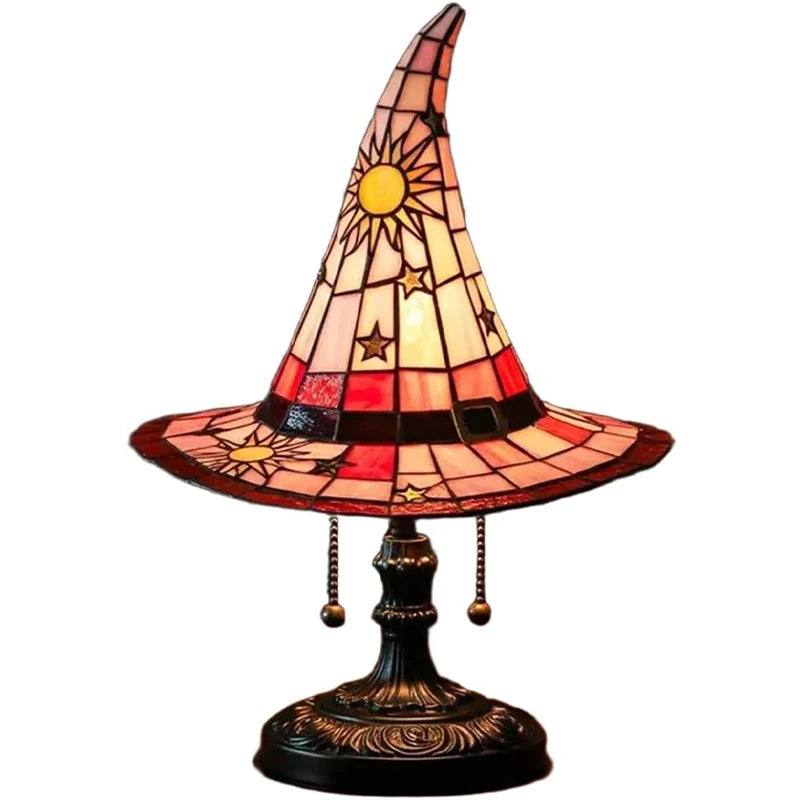 Stained Glass Witch Hat Lamp USB Powered Creative Table Lamp Night Light for Living Room Home Bedroom Decoration Halloween