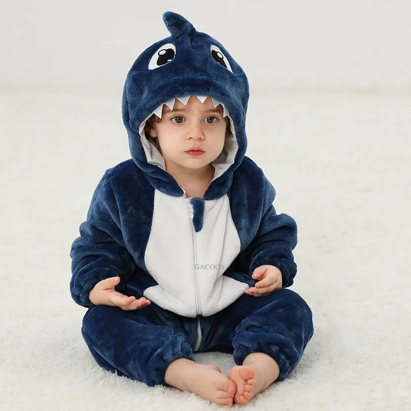 Halloween Dinosaur Winter Baby Romper Kigurumi Costume Flannel Hooded Bodysuit Pajamas Animal Overall Jumpsuit For Girl Boy 0-4T