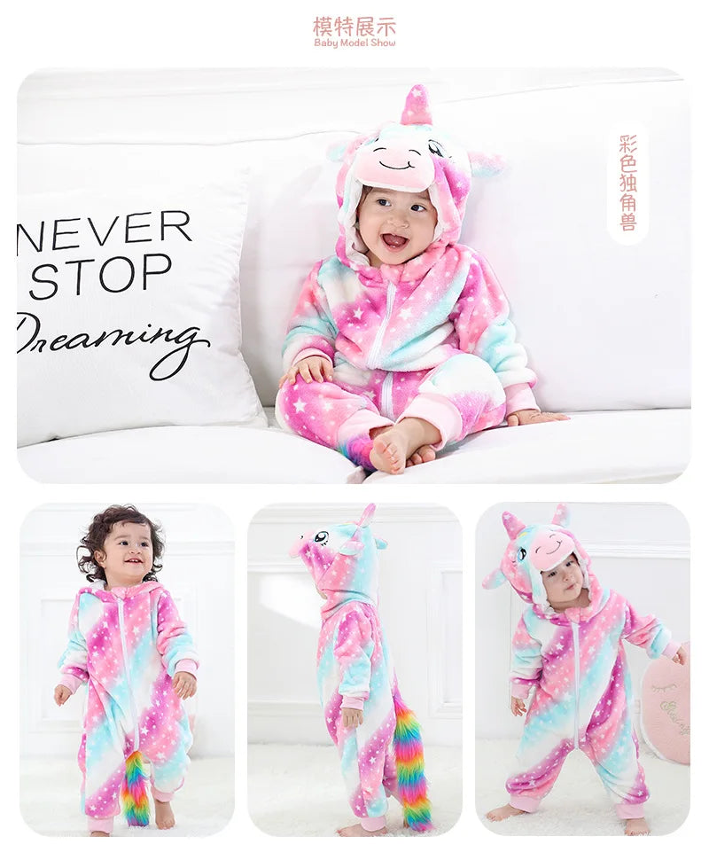Halloween Dinosaur Winter Baby Romper Kigurumi Costume Flannel Hooded Bodysuit Pajamas Animal Overall Jumpsuit For Girl Boy 0-4T