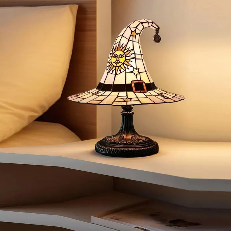 Stained Glass Witch Hat Lamp USB Powered Creative Table Lamp Night Light for Living Room Home Bedroom Decoration Halloween