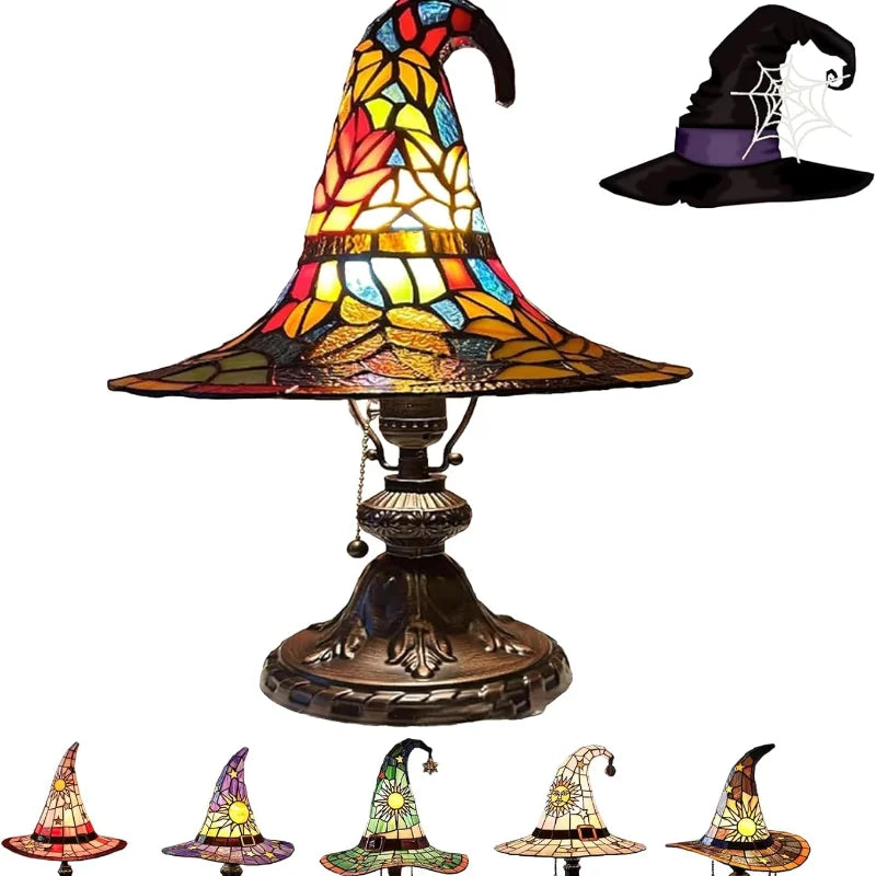 Stained Glass Witch Hat Lamp USB Powered Creative Table Lamp Night Light for Living Room Home Bedroom Decoration Halloween