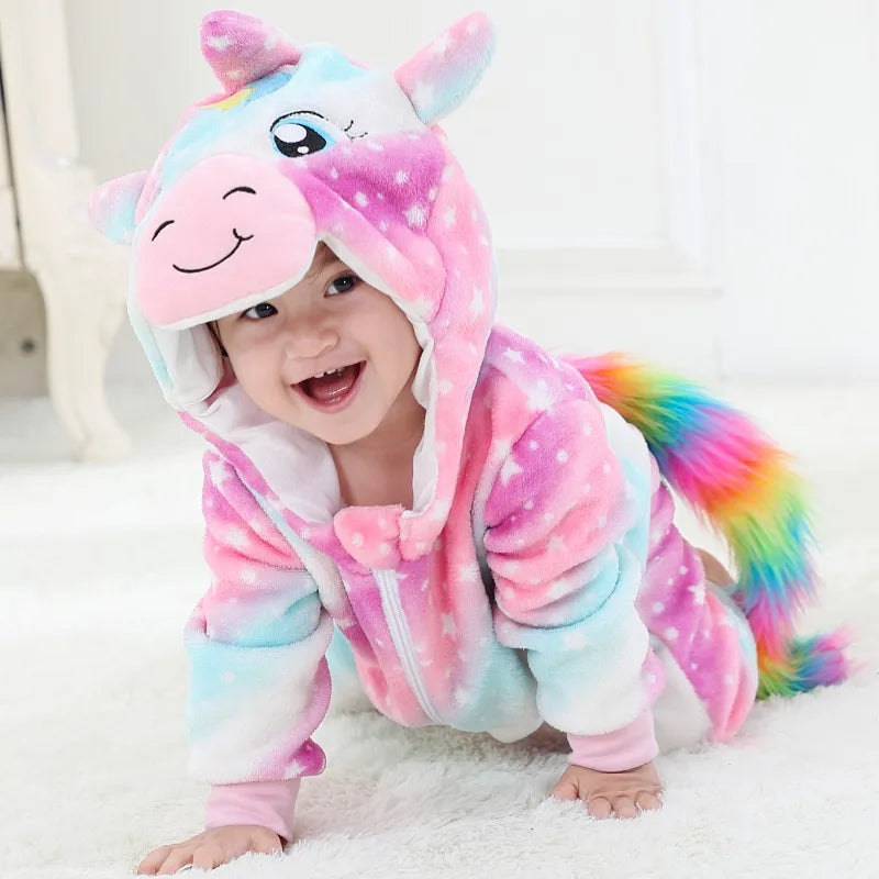Halloween Dinosaur Winter Baby Romper Kigurumi Costume Flannel Hooded Bodysuit Pajamas Animal Overall Jumpsuit For Girl Boy 0-4T