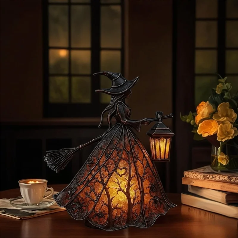 AT44-Halloween Table Lamp Witch Light, Gothic Spooky Decor With Holding Lantern For Home, Porch Party Decor