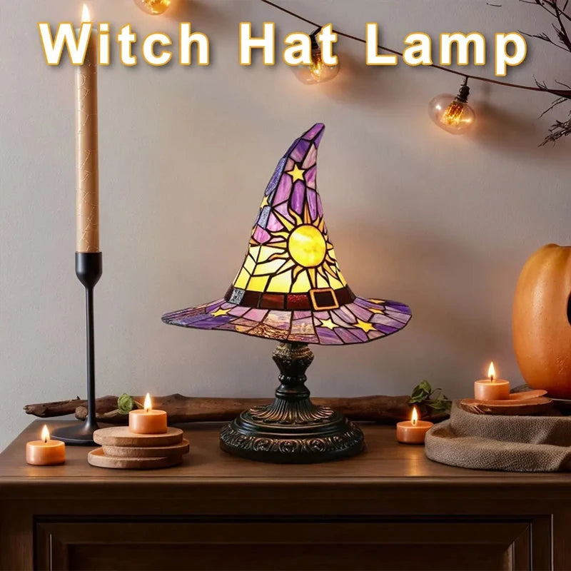 Stained Glass Witch Hat Lamp USB Powered Creative Table Lamp Night Light for Living Room Home Bedroom Decoration Halloween