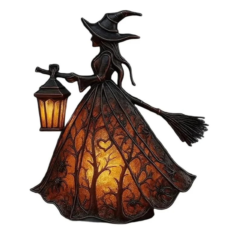 AT44-Halloween Table Lamp Witch Light, Gothic Spooky Decor With Holding Lantern For Home, Porch Party Decor