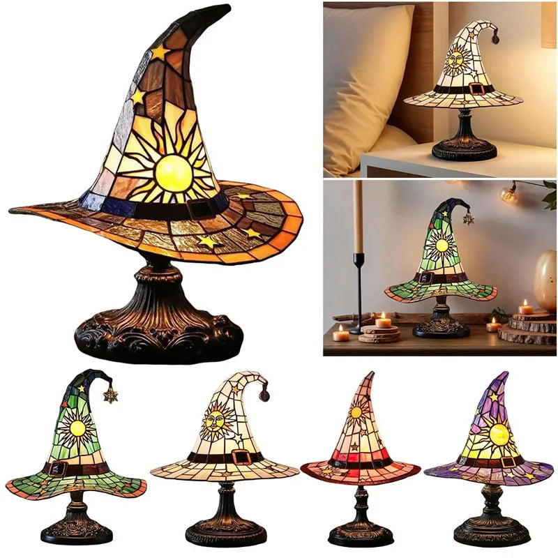 Stained Glass Witch Hat Lamp USB Powered Creative Table Lamp Night Light for Living Room Home Bedroom Decoration Halloween