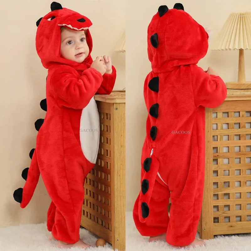 Halloween Dinosaur Winter Baby Romper Kigurumi Costume Flannel Hooded Bodysuit Pajamas Animal Overall Jumpsuit For Girl Boy 0-4T
