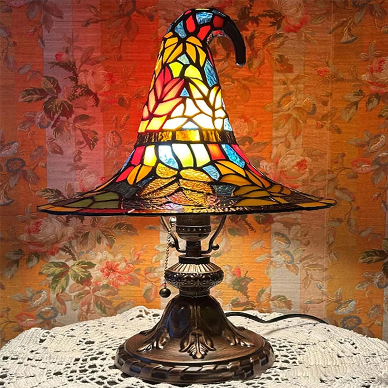 Stained Glass Witch Hat Lamp USB Powered Creative Table Lamp Night Light for Living Room Home Bedroom Decoration Halloween
