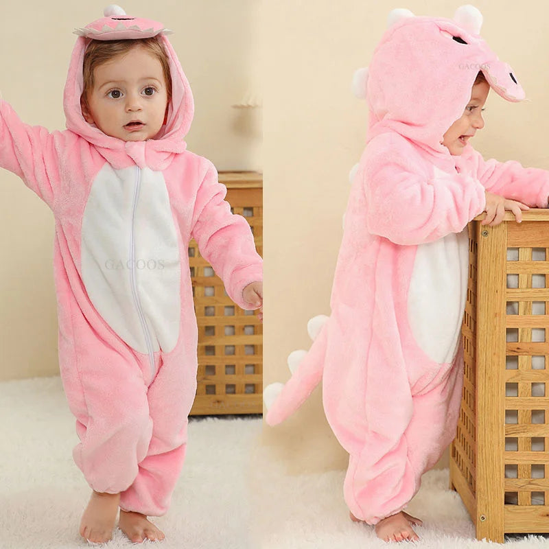 Halloween Dinosaur Winter Baby Romper Kigurumi Costume Flannel Hooded Bodysuit Pajamas Animal Overall Jumpsuit For Girl Boy 0-4T