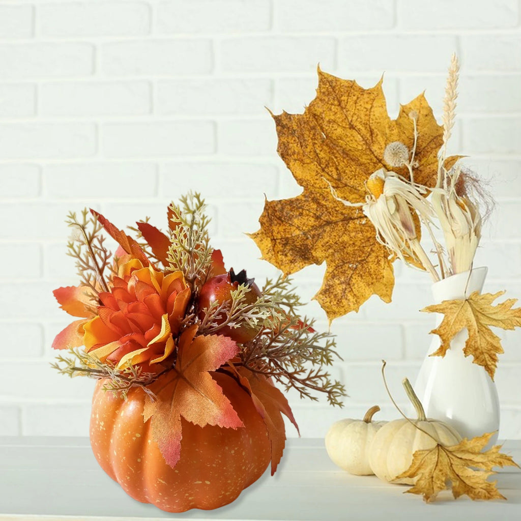 Thanksgiving Artificial Pumpkins Rustic Plastic Pumpkin Decorations with Leaves for Fall Party
