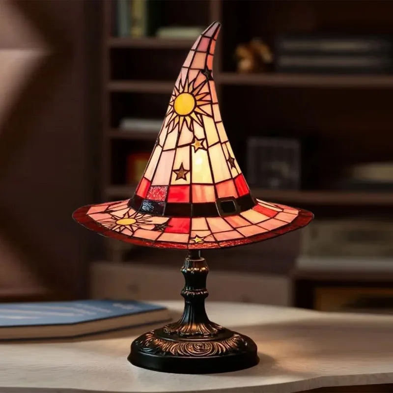Stained Glass Witch Hat Lamp USB Powered Creative Table Lamp Night Light for Living Room Home Bedroom Decoration Halloween